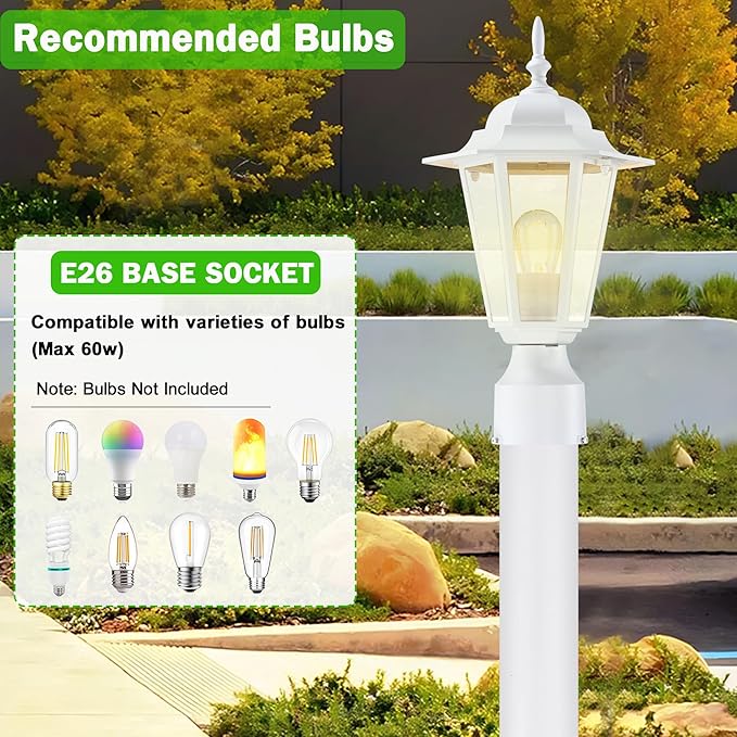 Outdoor Post Light, Pole Lantern, Waterproof Die-Cast Aluminum Pole Light Fixture with Glass, Exterior Post Lamp for Garden Yard Patio Pathway, Matte White, 1-Pack