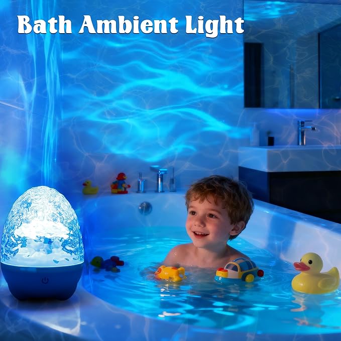 Waterproof Shower Light for Inside Bathroom, Egg-Shape Rechargeable Kids Bath Light, RGBW 13 Color Changing Shower Lamp Ocean Wave Projector Mood Night Lighting