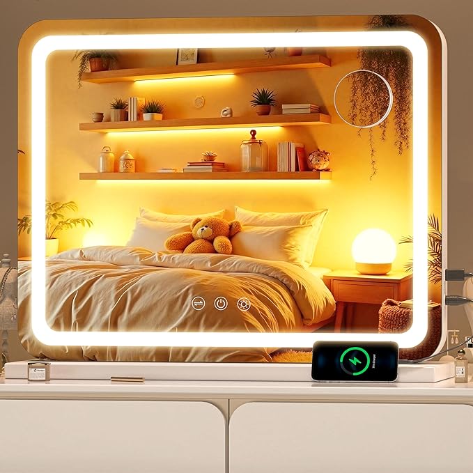 Vanity Mirror with Lights, 23" x 18" LED Makeup Mirror with 10X Magnification, Dimmable 3 Modes, Memory Function, Smart Touch, USB Charging Port, Lighted Makeup Mirror Round White