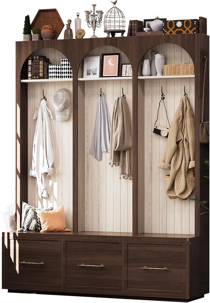Bellemave Farmhouse Hall Tree with Bench and 3 Drawers, Entryway Bench with Coat Racks and Shoe Storage, 4 Hooks and Shelves (Walnut)