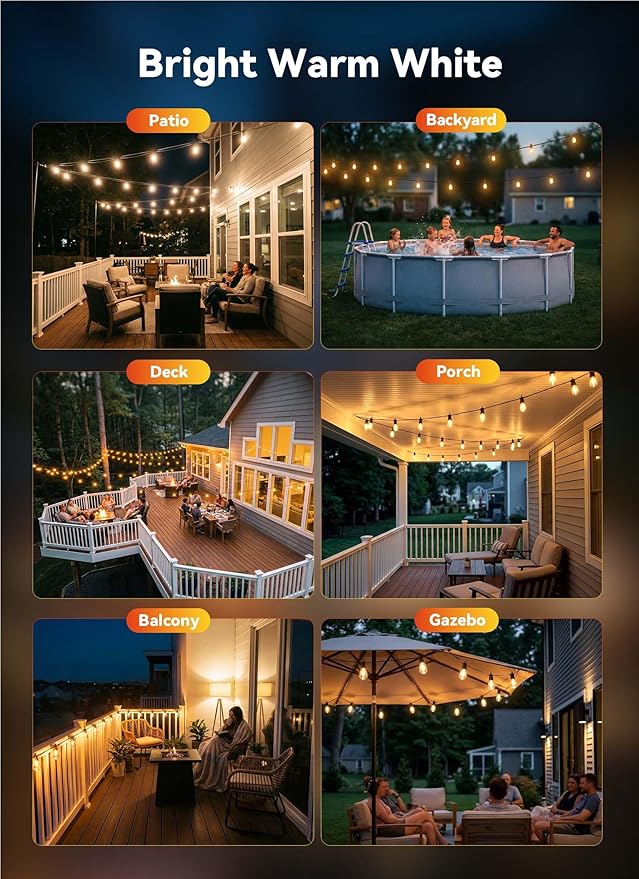Minetom 53FT Outdoor String LED Patio Lights Waterproof, 16 Shatterproof S14 Vintage Edison Bulbs,Commercial Grade Outside Hanging Lights Waterproof for Porch Deck Garden Backyard Balcony Cafe Bistro