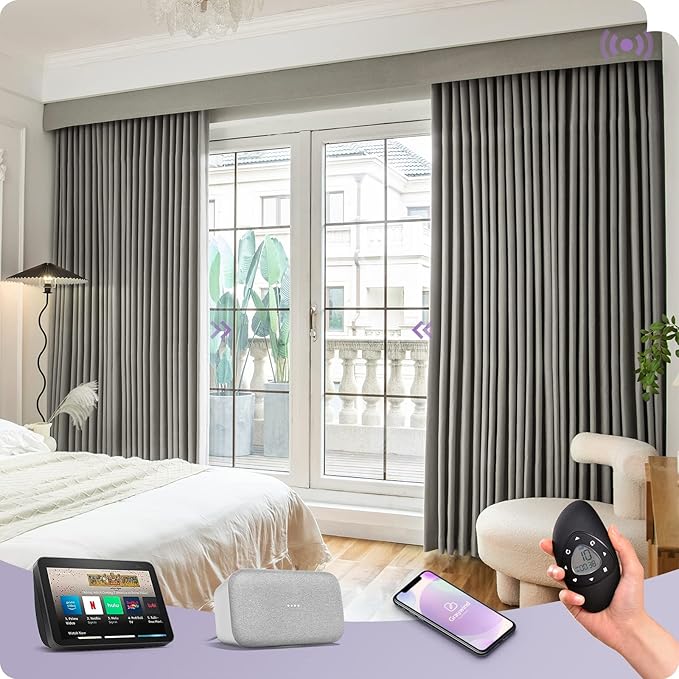 Graywind Rechargeable Smart Curtains Compatible with Alexa App Remote Control Motorized Drape for Sliding Door One-Way or Split Draw, Custom Width Up to 220" (Vintage Grey)