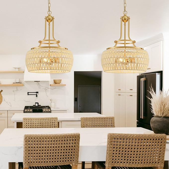 WUZUPS Rattan Boho Chandelier Rustic Farmhouse Industrial Round Coastal Hanging Pendant Light Fixture Wicker Lampshade for Dining Room Kitchen Island Foyer Entryway, H 19.6" x W 15.9", Gold