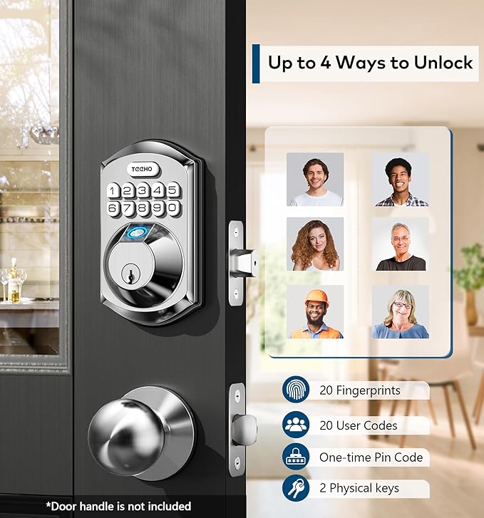 TEEHO TE002 Fingerprint Door Lock - Keyless Entry Electronic Keypad Deadbolt with 2 Backup Keys - Auto Lock - Easy Installation - Smart Locks for Front Door - Satin Nickel