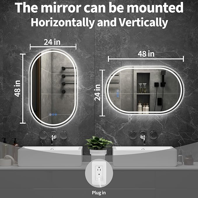 Oval LED Bathroom Mirror, 24"x 48" Frameless LED Mirror with Front Light and Backlit, Anti-Fog, Dimmable Modern Wall Mounted Lighted Mirror，Pill-Shaped Smart Mirror Bathroom