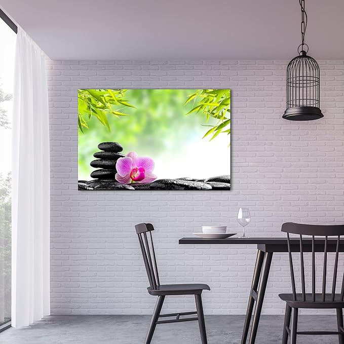 GUTTATY Zen Wall Art Decor, Modern Bathroom Zen Decor Wall Art, Canvas Wall Art for SPA Zen Room Decor, Green Bamboo Leaves and Pebble Relaxing Zen Art Prints for Office & SPA Wall Decor 24x36 Inches