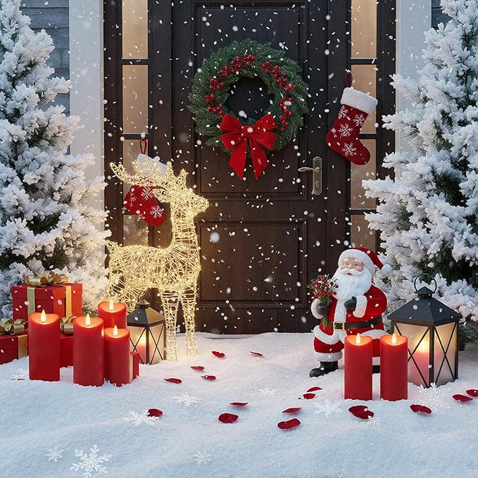 Raycare 8"x3" Outdoor Waterproof Flameless Candles with Remote and Timer, Battery Operated LED Electric Fake Pillar Candle for Valentine's Day, Home, Wedding Decor, Red, Set of 2