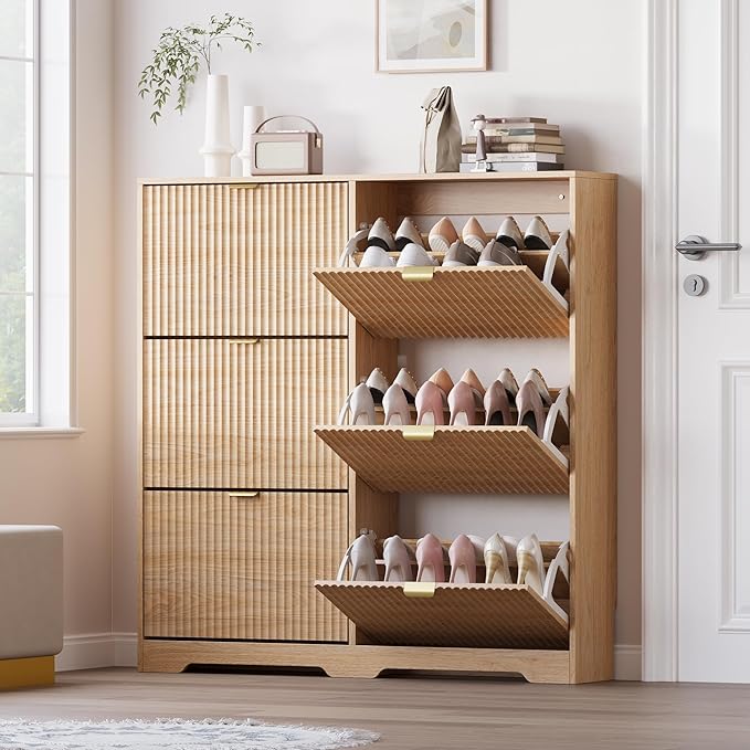Large Shoe Cabinet for Entryway, Tall Narrow Shoe Storage Cabinet with 6 Flip Drawers and Adjustable Shelves, Shoe Rack Cabinet Organizer for Hallway, Foyer, Small Apartment