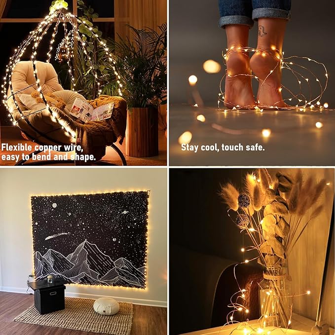 RUICHEN Plug in Fairy String Lights with Switch, Waterproof 66 Ft 200 LED Copper Wire Firefly Lights for Christmas, Parties, Wedding, Ceiling, Craft, Vases, Warm White
