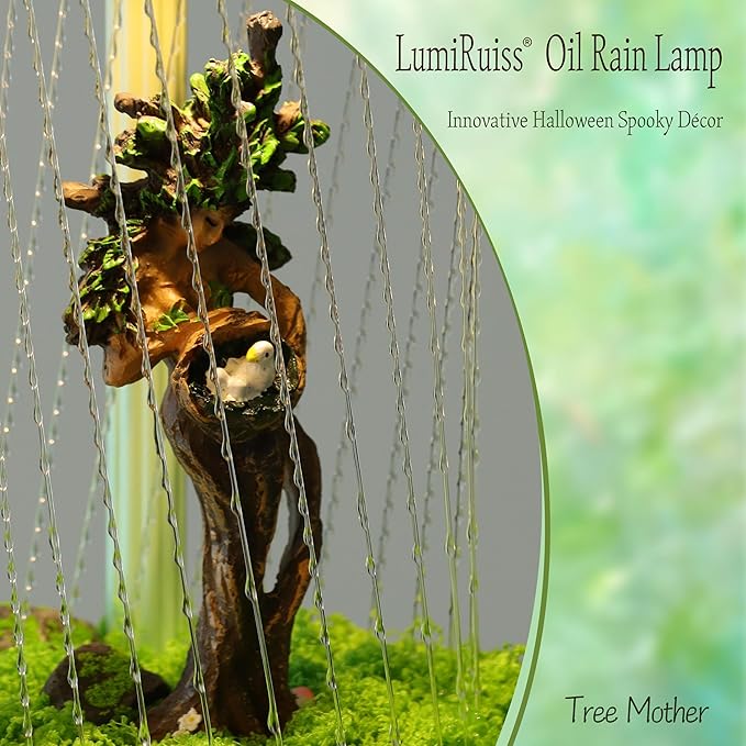 Forest Series Tree Mother Oil Rain Lamp – Gradient Green Sculptural Mood Light & Mossy Display Stand, Healing Nature Goddess Decor with Spirit Birds & Aroma Diffuser (Complete Set)