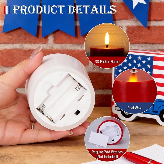 4th of July Candles, Patriotic Flameless Pillar Candles with Remote and Timer, Red White and Blue Battery Operated Set of 3, Real Wax LED Pillar Candles for Independence Day Celebrations