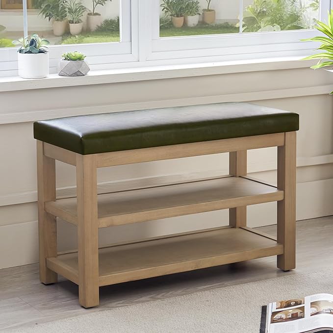 Shoe Rack Bench with Leather Cushion, 2 Tier Solid Wood Storage Bench, Mid-Century Modern Shoe Bench for Entryway, Hallway, Closet, Front Door Entrance, Foyer (Green, 31.5)