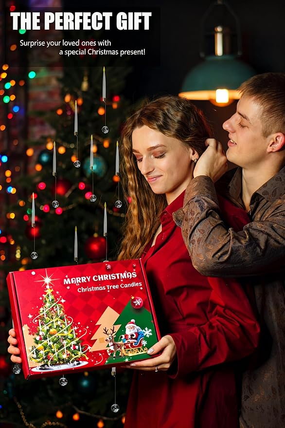 Christmas Tree Candles, 12 Pack Flameless Taper Candles for Christmas Tree Decor, Battery Operated with Remote Flickering LED Candles with Clear Crystal Ball Gold Hook for Xmas Gift Wedding Home Decor