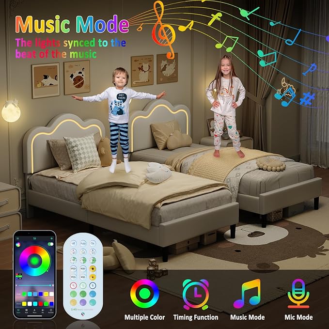 GarveeHome Twin Upholstered LED Bed Frame with Headboard, PU Leather Princess Platform Bed Frame for Kids, Wooden Slats Support, No Box Spring Needed (Cream)