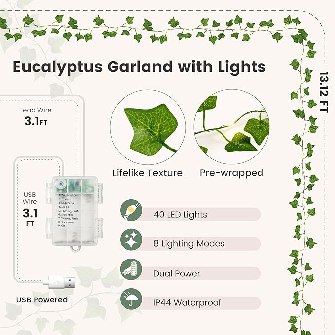 Ivy Vine Garland with 40 LED Fairy Lights – Vintage Greenery Decor with Remote & Timer, Battery or USB Powered for Dorm Room, Bedroom & Creative Wall Decor