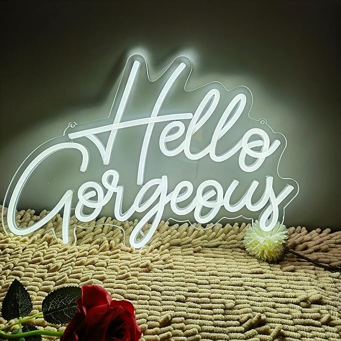 Hello Gorgeous Neon LED Night Light for Wall Home Party Wall Light Signs Wedding Valentine's Day Bedroom Birthday Art Backdrop Bar Club Glowing Letters Neon Sign with Dimmable Switch (White)
