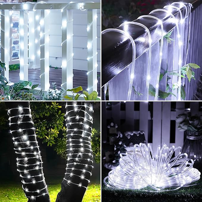 Solar Rope Lights, 33ft 100LED Solar String Lights, 8 Modes Waterproof Solar Powered Outdoor Light, Flexible Clear Tube Light for Garden, Backyard, Patio, Deck, Porch, Pool, Tree Decorative - White