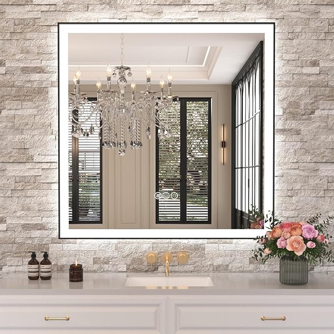 Amorho 36"x36" LED Bathroom Mirror with Black Frame, Front Light and Backlit(Controlled Separately), Stepless Dimmable, Anti-Fog, Shatter-Proof, 3 Colors, Memory