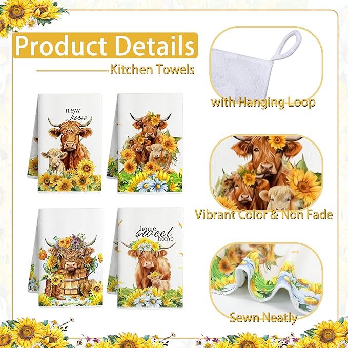 8 PCS Highland Cow Kitchen Decor and Accessories - 4 Dish Towels Set 2 Oven Mitts and Pot Holders Sets for Cooking Baking Home Sweet Home Sunflower Cattle Watercolor Farmhome Housewarming Gift