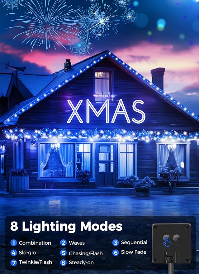 Minetom Solar Christmas Lights Outdoor Waterproof - 40FT 100 LED With 8 Modes - Decoration for Outside House, Tree, Party, Yard - Blue & Pure White