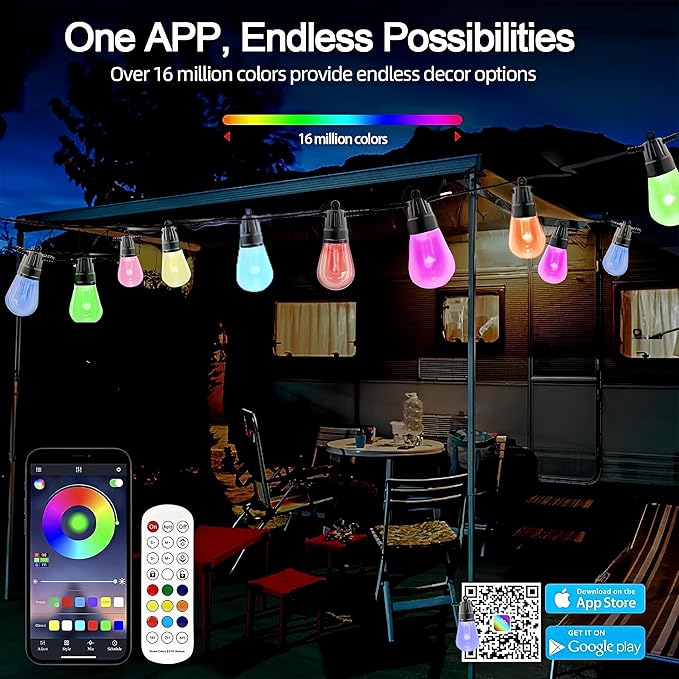 Outdoor String Lights 49ft, Outdoor Lights for Patio String Lights for Outside with 15 Dimmable LED Bulbs IP66 Waterproof, Shatterproof,APP Control & Remote Customizable Colors for Backyard Decor