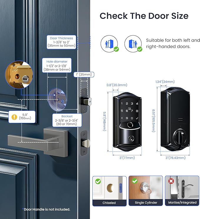 Veise VE027 Built-in Wi-Fi Smart Lock, Fingerprint Keyless Entry Front Door Lock, App Remote & Voice Control, No Hub Needed, Touchscreen Keypad Deadbolt, IP65 Waterproof, BHMA Grade 3, Matte Black