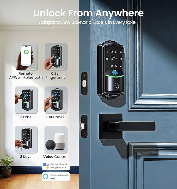 Veise VE027 Built-in Wi-Fi Smart Lock, Fingerprint Keyless Entry Front Door Lock, App Remote & Voice Control, No Hub Needed, Touchscreen Keypad Deadbolt, IP65 Waterproof, BHMA Grade 3, Matte Black