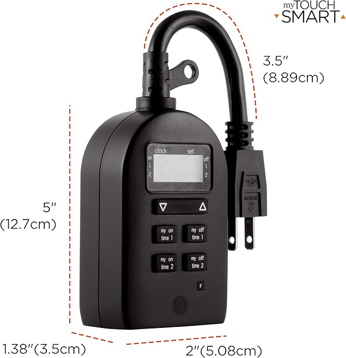 myTouchSmart, Single Plug-in Digital, Simple Programmable, Weather Resistant, Indoor/Outdoor Small Pump Timer, Seasonal Light Timer, Black, 1 Pack, 36027