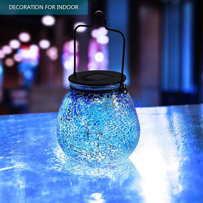 Bshine Mosaic Solar Lantern Outdoor Hanging Waterproof, Fragmented Glass Blue Mosaic Light Valentine's Day Indoor Decor Table, Garden Decor for Yard Outside, Lawn, Birthday Gift for Mom Gardening