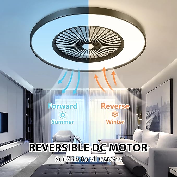 24" RGB Low Profile Ceiling Fan with Light, Smart Bladeless Ceiling Fan with APP/Alexa/Remote Control, 6-Speed Silent Reversible DC Motor, Dimmable Color Changing LED, Black