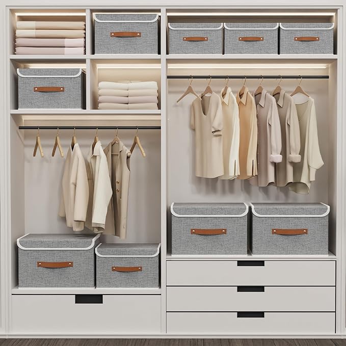 Yawinhe Storage Bins with Lids, Closet Baskets, Washable and Leather Handle, Collapsible Boxes for Home, Grey, 17.7''Lx11.8''Wx11.8''H, 7-Pack, USNK024GX-7