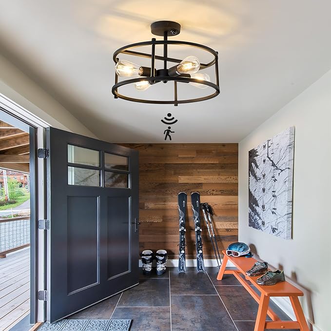 Motion Sensor Ceiling Light Indoor Industrial 4 Light Semi Flush Mout Ceiling Light Fixture Black Overhead Light for Entryway Hallway Closet Porch Front Farmhouse