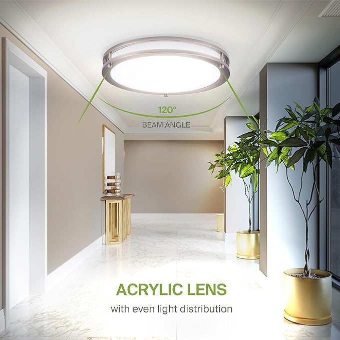 ASD LED 18" Round Flush Mount Lighting, Close to Ceiling Light Fixture | 3CCT, Dimmable, Energy Star, ETL Listed | 28W 2744LM 3000-5000K 100-277V | Low Profile Double Ring Lamp | Nickel
