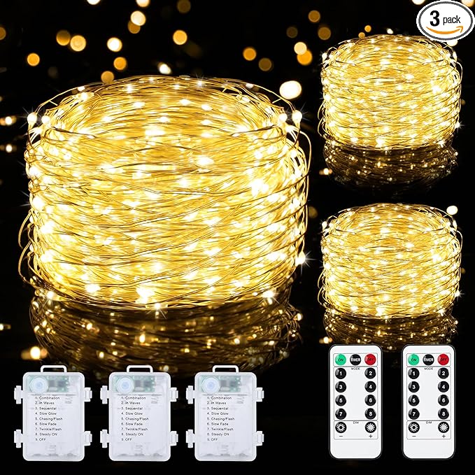 Mlambert 3 Pack 33FT Fairy Lights Battery Operated with Remote and Timer, Waterproof Dimmable 8 Modes 100 LEDs Twinkle Lights for Indoor Outdoor Decor