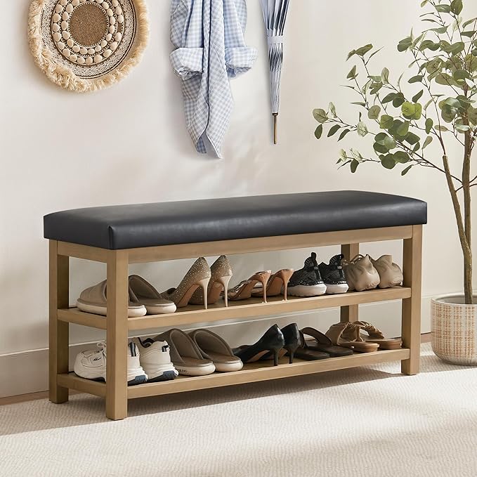 Shoe Rack Bench with Leather Cushion, 2 Tier Solid Wood Storage Bench, Mid-Century Modern Shoe Bench for Entryway, Hallway, Closet, Front Door Entrance, Foyer (Black, 46.5)