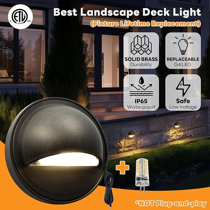 Gardenreet Low Voltage Deck Lights - Solid Brass Landscape Step Lights LED, 12V Hardwired IP65 Waterproof, Bronze Round for Stair Wall Yard with 3000K Soft White 3W 270LM G4 Bulb 8 Pack