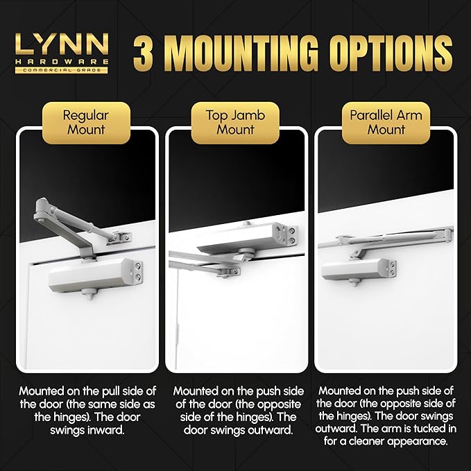 LYNN HARDWARE Extra Heavy Duty Automatic Door Closer (Matte Black) - Commercial Grade, Contractors Choice, Adjustable Speed, Delayed Closing Timer, 3 Mounting Options, 3 Hour Fire Rated (DC9016 Model)