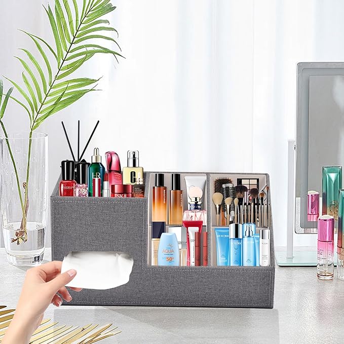 Plus Size Tissue Box Cover-Square Linen Tissue Cover with Side Storage and Tray,Modern Makeup Organizer,Leather Tissue Holder Decorative Cube Organizer for Living Room Vanity NightStand Office,Grey