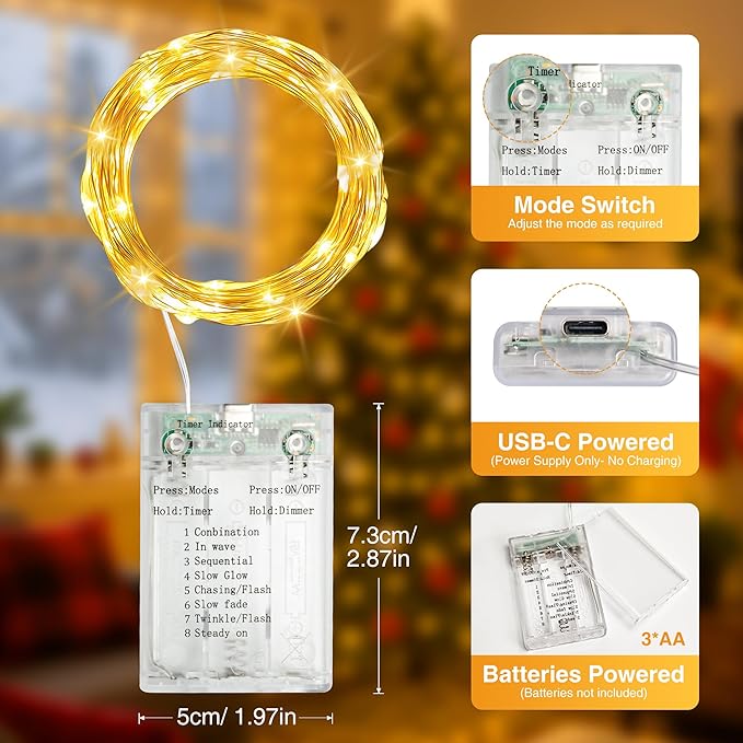 3 Pack 16FT 50 LED Fairy Lights Battery Operated with Timer, 8 Modes USB Mini Twinkle Light, Small String Lights for Christmas Tree Wreath Vase Bedroom DIY Wedding Decorations-Warm White