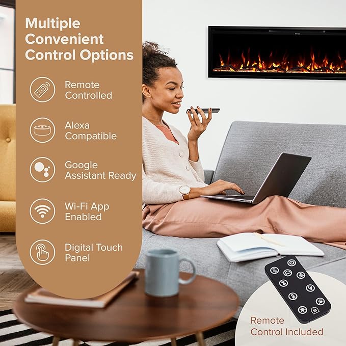 Modern Ember Aerus Slim 60 Inch Smart Linear Electric Fireplace | Recessed in-Wall or Wall-Mount | LED Multiple Flame Colors | Alexa/WiFi Enabled | 4.25” Profile | Remote Included