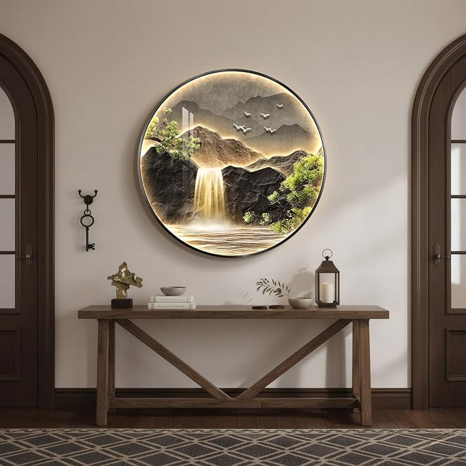 Troartos LED Mountain Waterfall Wall Art for Living Room, Framed Modern Lighted Landscape Artwork for Walls, Remote Control Lamp Green Nature Wall Decor for Bedroom, Hallway, Office, 30x30 Inch