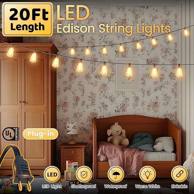 Outdoor String Lights 20FT - LED Waterproof Patio Lights Shatterproof ST38 Edison Bulbs, Connectable Hanging Vintage Lights for Outside Indoor Garden Backyard Deck Porch Party Decor