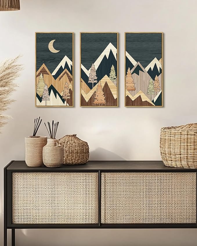 KUVIOKE Wooden Mountains Range Landscape Wall Art Framed Tree Nature Wall Decor Moon Rises Prints Bedroom Living Room Ready to Hang 8x16in3pcs Natural Framed
