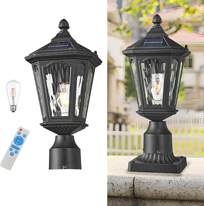 18.5" Black Solar Powered Outdoor Post Light Fixture with Remote Control, Dusk to Dawn LED Pole Lamp Waterproof Exterior Pillar Lantern Post Lighting for Pathway Garden Patio Gargae