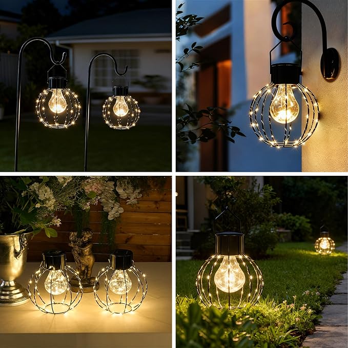 Hanging Solar Lantern Outdoor, 8.19" Large Solar Pendant Lights Outdoor Waterproof with Warm White Bulb&String LED Inside, Decor for Patio, Garden, Yard, Pergola, Christmas, Camping, 2 Pack Gift Set