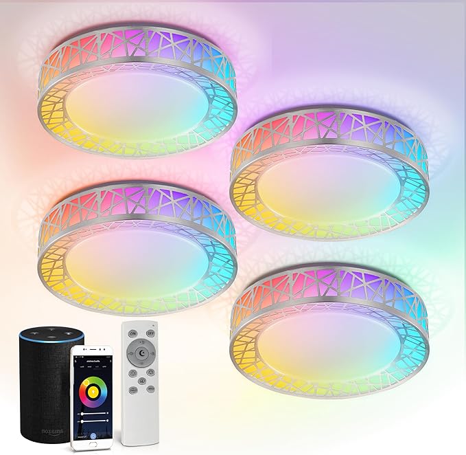 ASD 12 Inch Smart RGBW Flush Mount Ceiling Light with Remote - Brushed Nickel 20W 120V 2700-6500K Dimmable Ceiling Light Fixture, WiFi App Control RGB Lights, Alexa & Google Assistant - ETL, 4 Pack