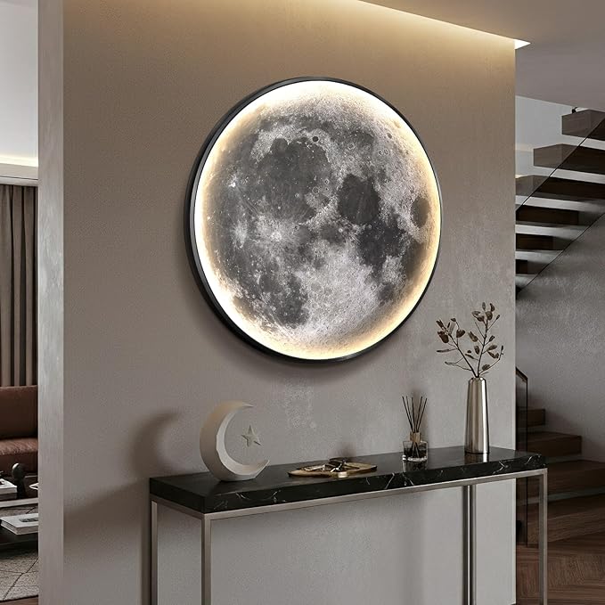 Troartos Dimmable LED Light Moon Wall Art Decor for Living Room, Modern Minimalist Black and White Artwork for Walls, Remote Control Lighted Lamp Wall Decor for Bedroom, Dining Room, Hallway, Office