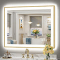 40x32 Gold LED Bathroom Mirror with Lights, Brushed Gold Framed Backlit and Front Lit Anti-Fog Lighted Vanity Mirrors for Bathroom Wall, Dimmable, 3 Colors, Memory, HD Tempered Glass, CRI＞90