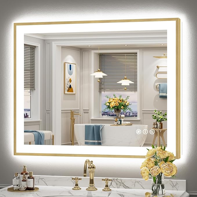 40x32 Gold LED Bathroom Mirror with Lights, Brushed Gold Framed Backlit and Front Lit Anti-Fog Lighted Vanity Mirrors for Bathroom Wall, Dimmable, 3 Colors, Memory, HD Tempered Glass, CRI＞90