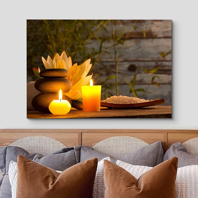 wall26 Canvas Print Wall Art Wood Panel Meditation Spax Candle Massage Stones Nature Wilderness Photography Realism Rustic Landscape Colorful Multicolor for Living Room, Bedroom, Bathroom - 24"x36"